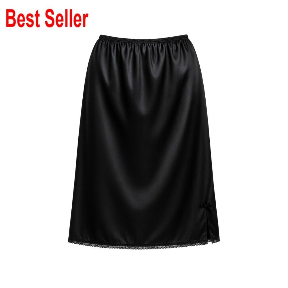 Satin Half Slip Midi Length Lace Trim Anti Cling Underskirt XS-XL